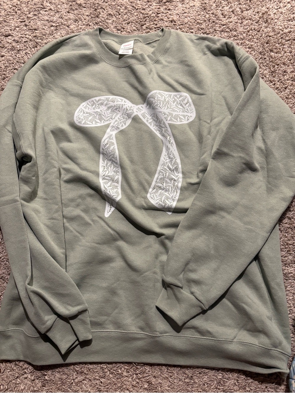 Hanes Olive Green Sweatshirt with White Graphic Bow